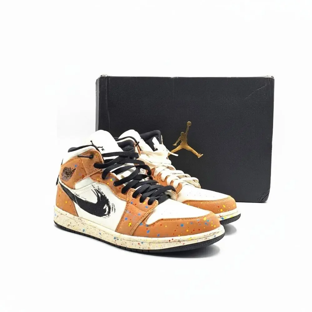 Nike Air Jordan 1 Mid SE Brushstroke Paint Splatter Sneakers DA8005-100 US 10